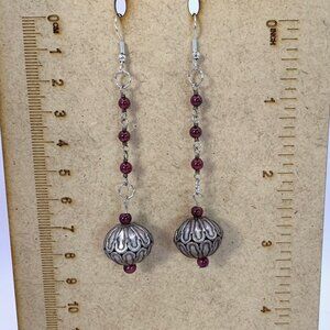 Long Dangle Handmade Pierced Earrings Boho Metal Garnet Color Beads LA102
